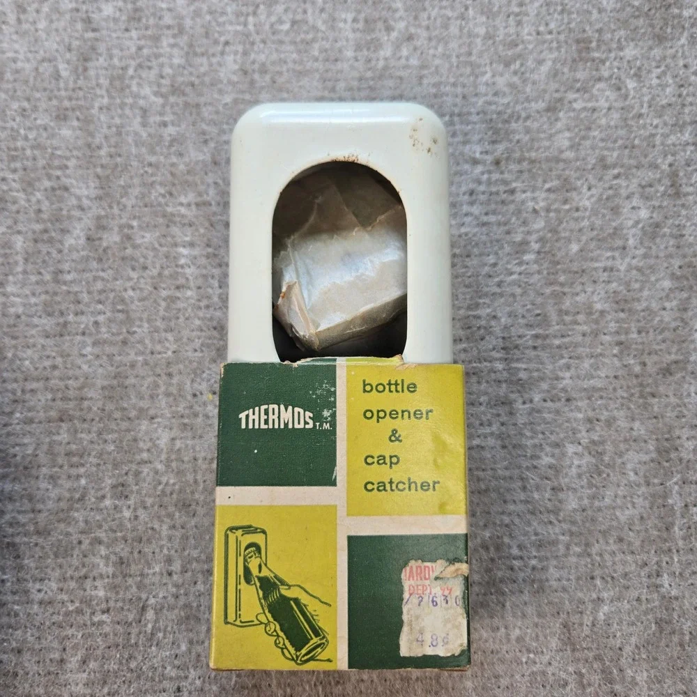 Vintage 1961 Thermos Wall Mount Bottle Opener and Cap Catcher White Metal Boxed